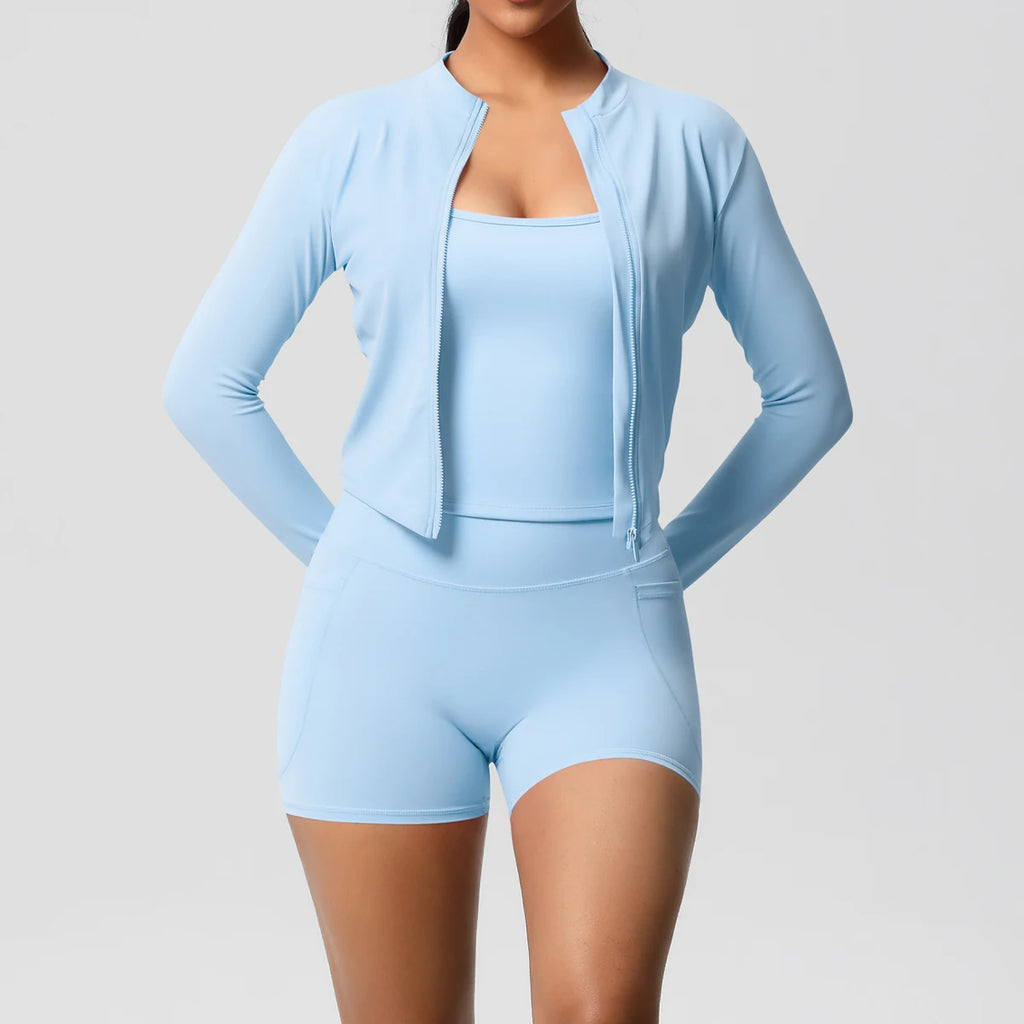 Wholesale Custom High Quality Women's Activewear Lightweight Breathable 3-Piece Yoga Set Long Sleeve Pants Butt Lift Casual Sets