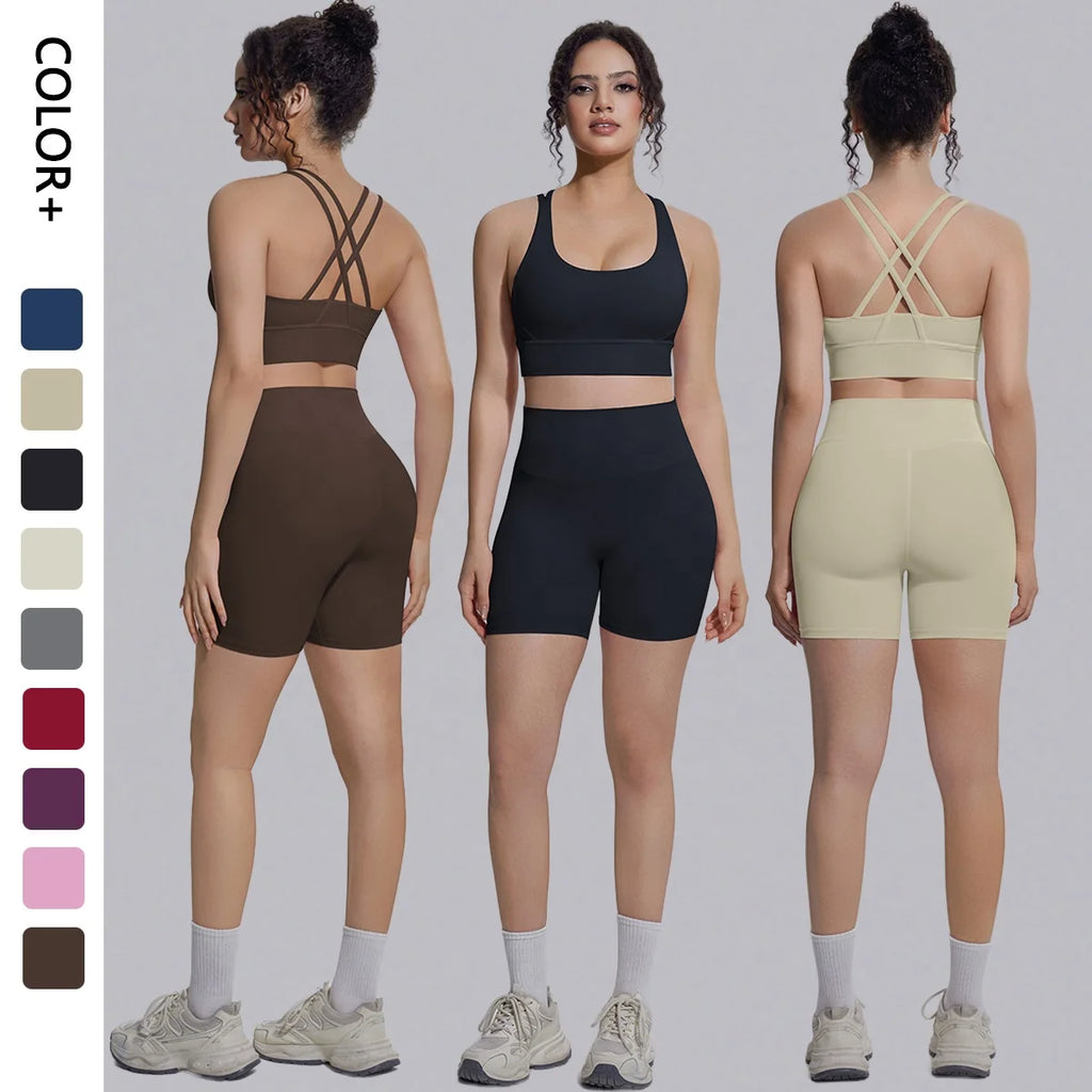 Seamless Yoga Set 2 Piece Women High Waist Leggings Shorts Sports Bra Fitness  Running Sportswear Workout Clothes