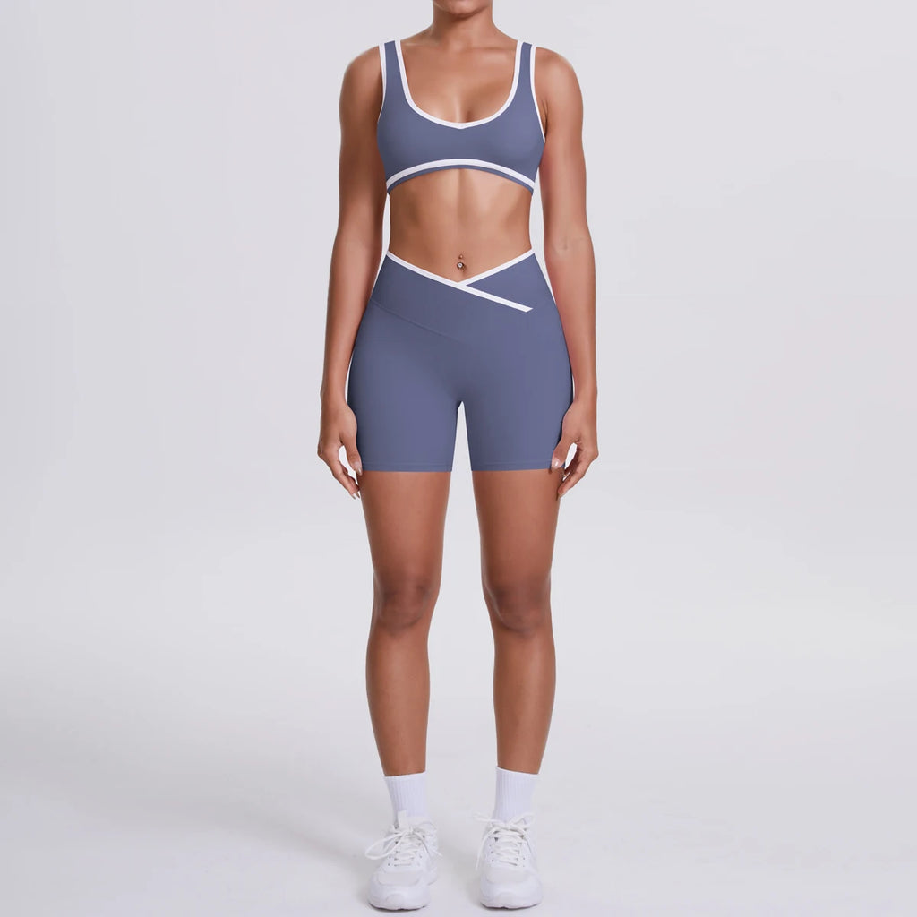 High Quality Cross High Waist Shorts Sports Yoga Bra Set Contrasting Sports Bra Tight Yoga Pants Two Piece Set for Ladies