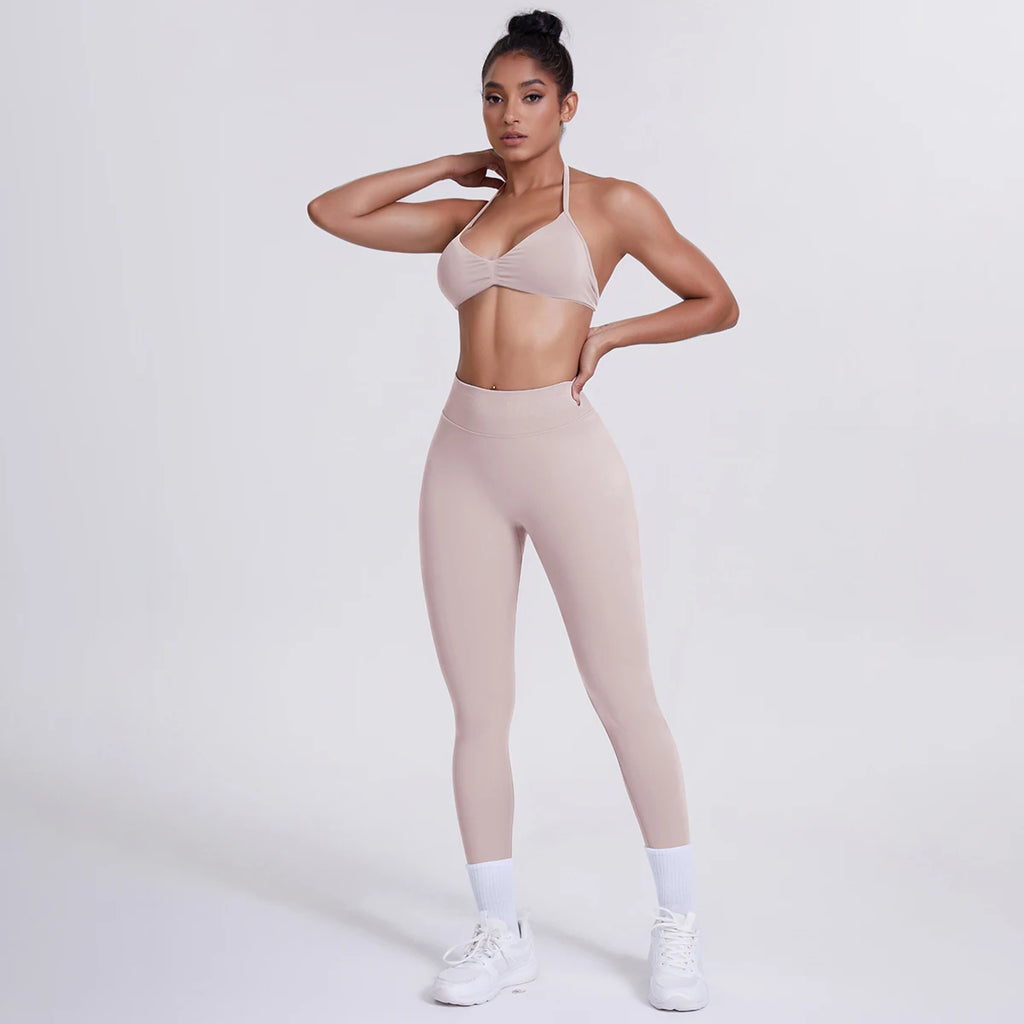 Women's Custom Front Logo Sports Bra Workout Leggings Set High Elastic Gym Fitness Seamless Breathable Eco-Friendly Lightweight