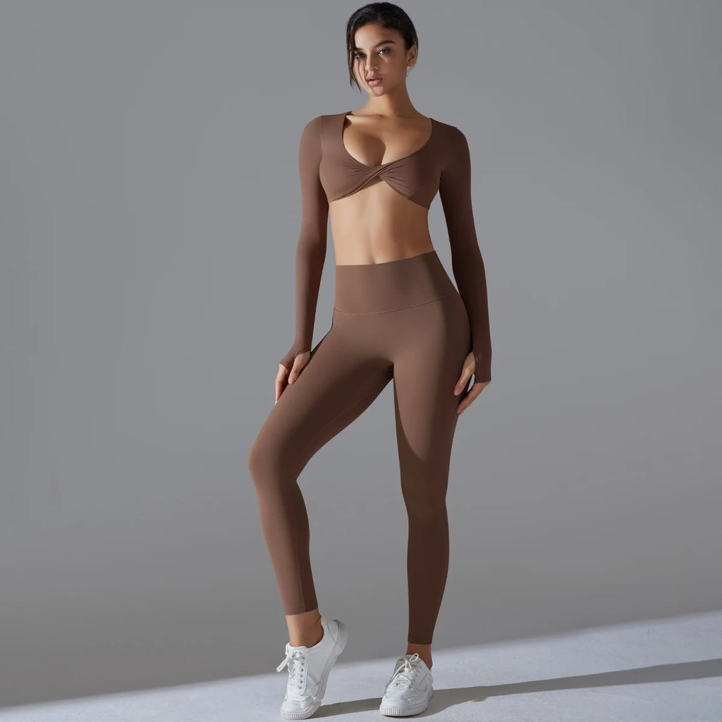 Women Long Sleeves Workout Outfit Sports Wear Push up Yoga Suits Scrunch Leggings Yoga Set Gym Fitness Set Run Clothes Tracksuit