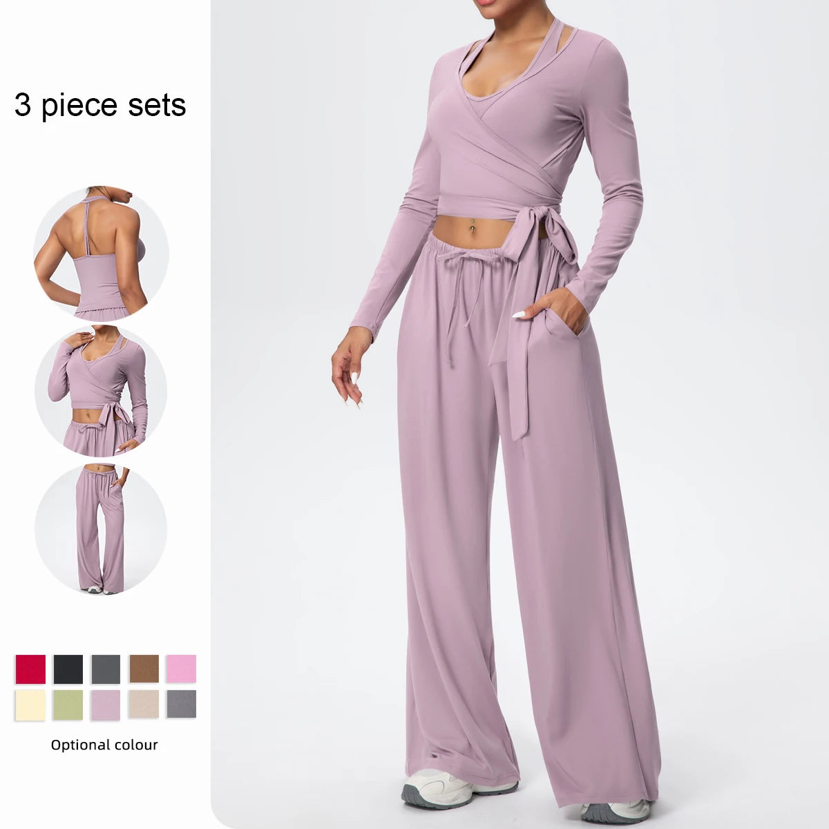 Women Yoga 3 Piece Set Halter Crop Top Wide Leg Pants Long Sleeve Top Activewear Workout Outfits Lounge Sports Gym Clothing Imagen principal del producto