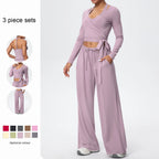 Women Yoga 3 Piece Set Halter Crop Top Wide Leg Pants Long Sleeve Top Activewear Workout Outfits Lounge Sports Gym Clothing