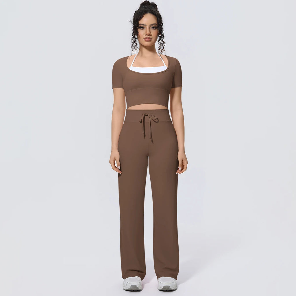 Wholesale Halter Neck Yoga Set Women Short Sleeve Sports Top Padded Naked Feeling Wide Leg Pants Fitness Set