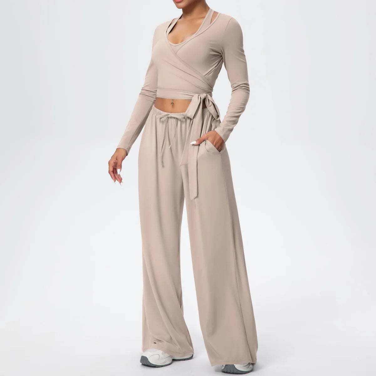 Women Yoga 3 Piece Set Halter Crop Top Wide Leg Pants Long Sleeve Top Activewear Workout Outfits Lounge Sports Gym Clothing