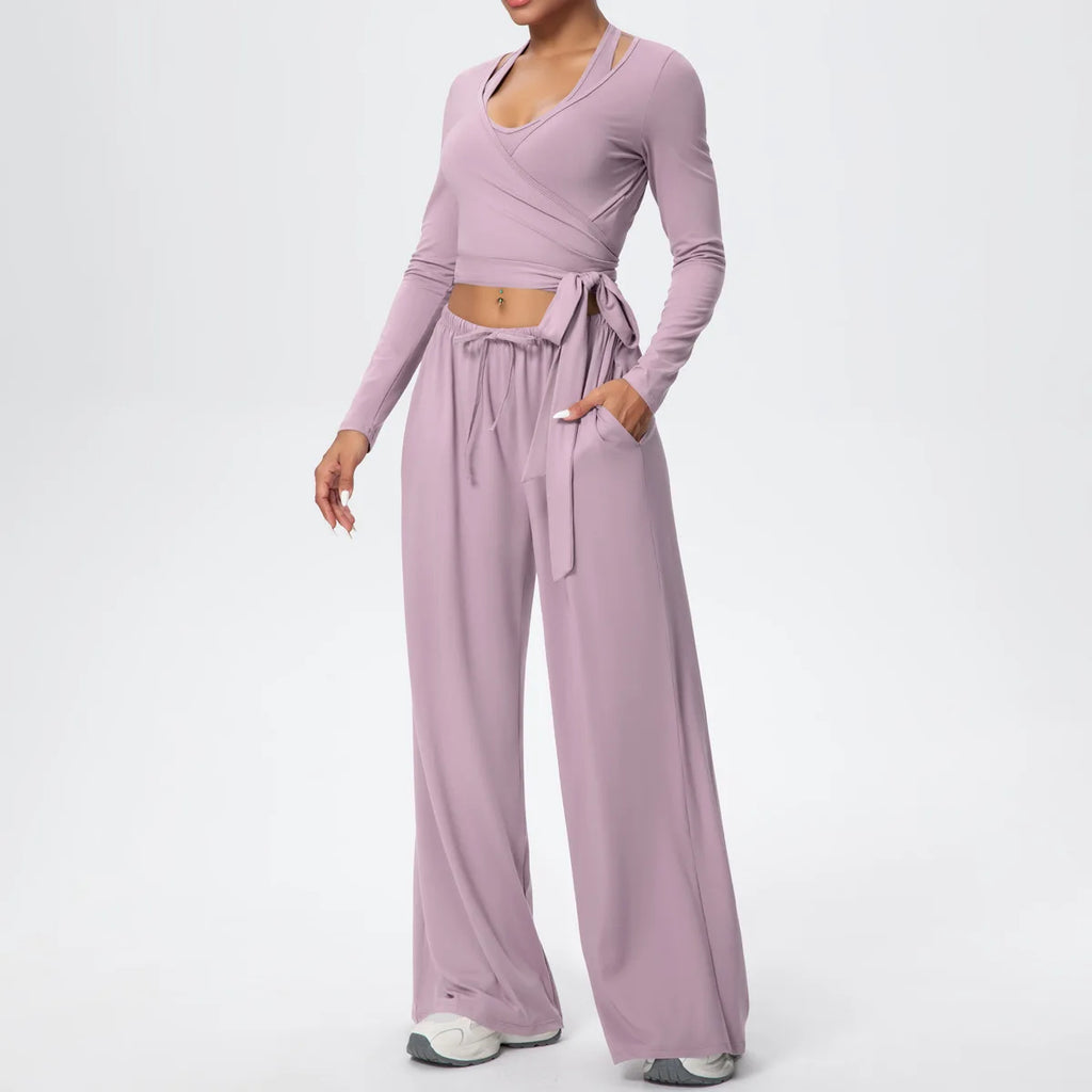 Women Yoga 3 Piece Set Halter Crop Top Wide Leg Pants Long Sleeve Top Activewear Workout Outfits Lounge Sports Gym Clothing
