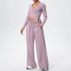 Women Yoga 3 Piece Set Halter Crop Top Wide Leg Pants Long Sleeve Top Activewear Workout Outfits Lounge Sports Gym Clothing