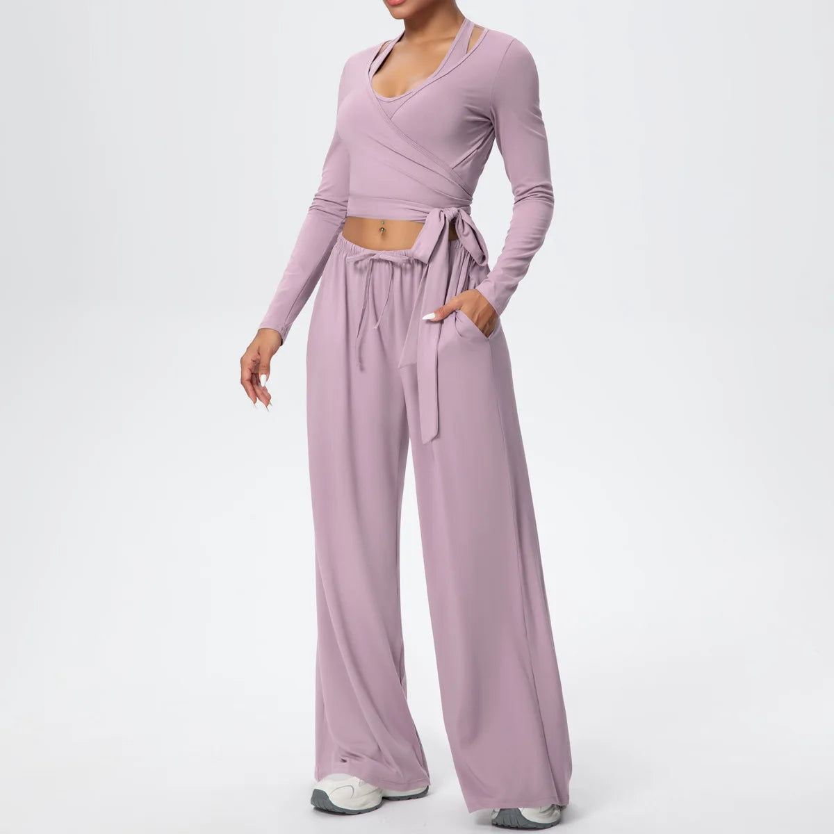 Women Yoga 3 Piece Set Halter Crop Top Wide Leg Pants Long Sleeve Top Activewear Workout Outfits Lounge Sports Gym Clothing