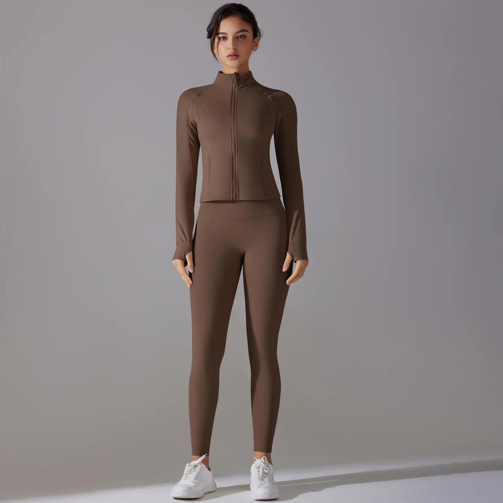 High Quality Women's Quick Dry Yoga Sports Suit Fashionable Slim Gym Fitness Zipper Track Leggings Breathable Lightweight Jacket