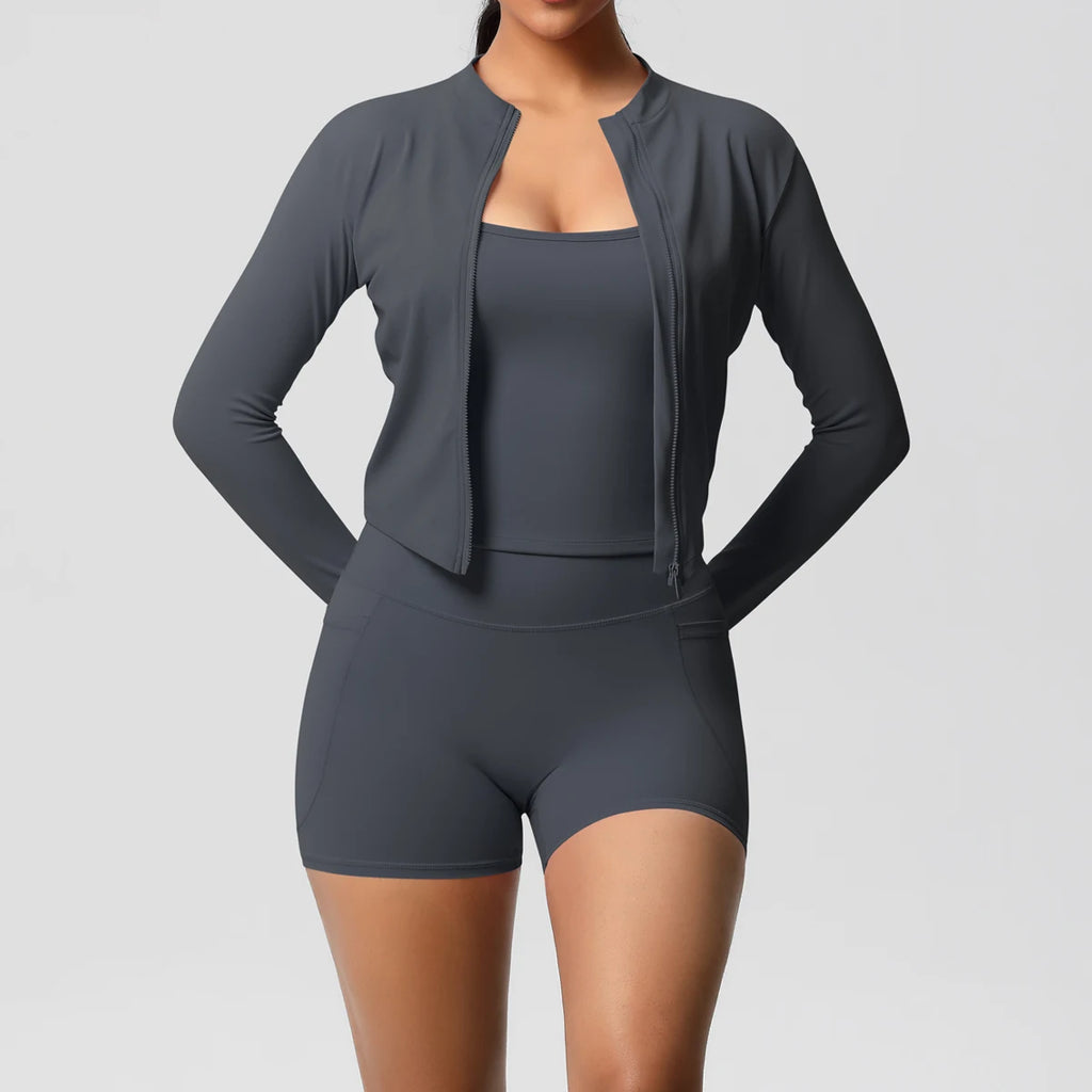 Wholesale Custom High Quality Women's Activewear Lightweight Breathable 3-Piece Yoga Set Long Sleeve Pants Butt Lift Casual Sets