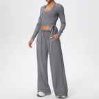 Women Yoga 3 Piece Set Halter Crop Top Wide Leg Pants Long Sleeve Top Activewear Workout Outfits Lounge Sports Gym Clothing
