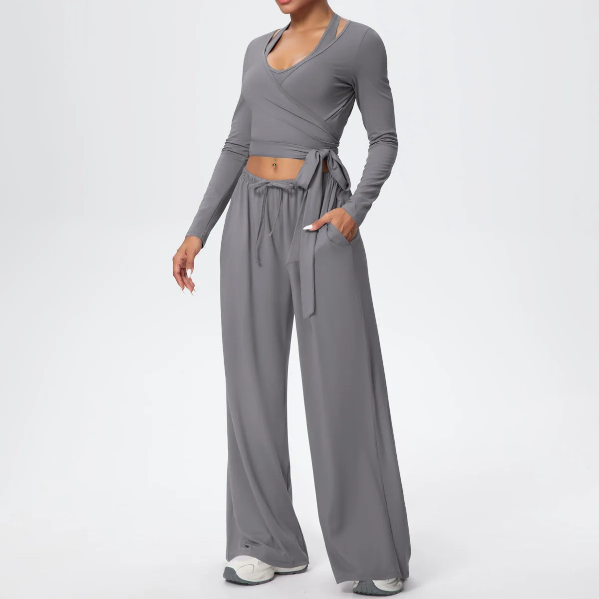 Women Yoga 3 Piece Set Halter Crop Top Wide Leg Pants Long Sleeve Top Activewear Workout Outfits Lounge Sports Gym Clothing