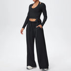 Women Yoga 3 Piece Set Halter Crop Top Wide Leg Pants Long Sleeve Top Activewear Workout Outfits Lounge Sports Gym Clothing