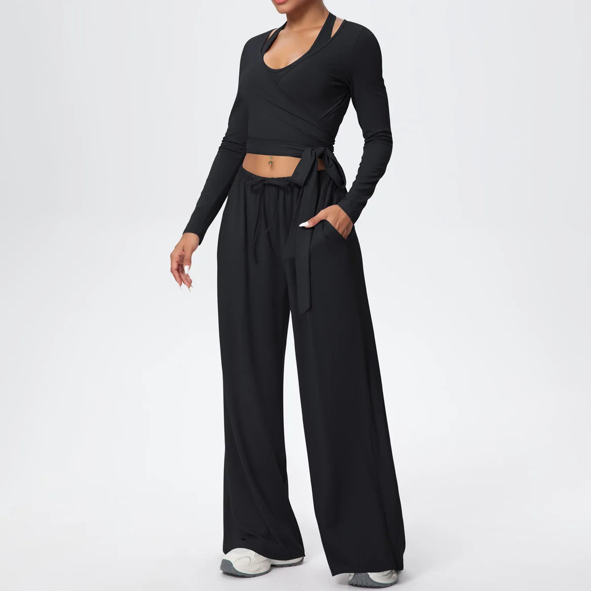 Women Yoga 3 Piece Set Halter Crop Top Wide Leg Pants Long Sleeve Top Activewear Workout Outfits Lounge Sports Gym Clothing