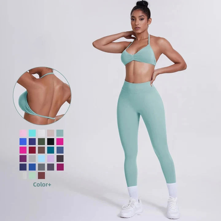 Women's Custom Front Logo Sports Bra Workout Leggings Set High Elastic Gym Fitness Seamless Breathable Eco-Friendly Lightweight Imagen principal del producto