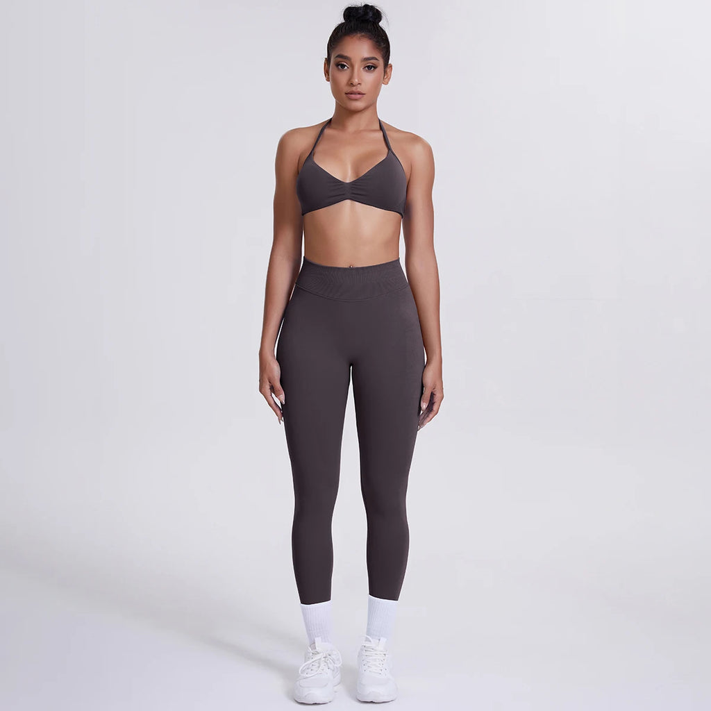 Women's Custom Front Logo Sports Bra Workout Leggings Set High Elastic Gym Fitness Seamless Breathable Eco-Friendly Lightweight
