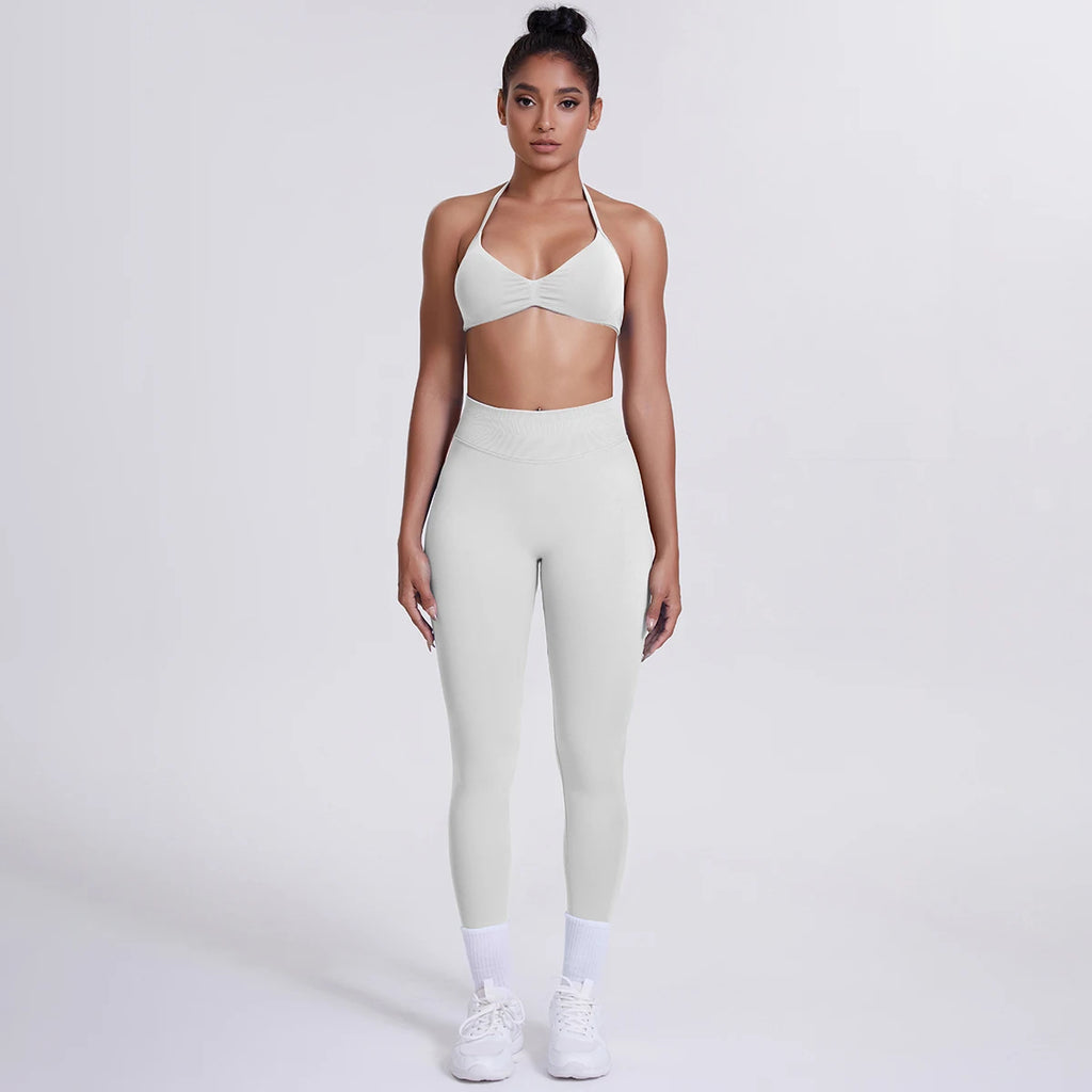 Women's Custom Front Logo Sports Bra Workout Leggings Set High Elastic Gym Fitness Seamless Breathable Eco-Friendly Lightweight