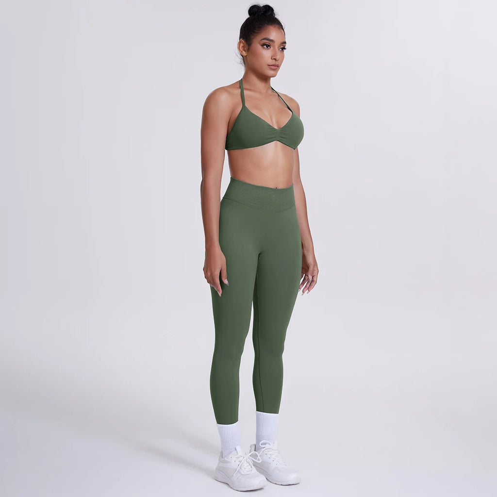 Women's Custom Front Logo Sports Bra Workout Leggings Set High Elastic Gym Fitness Seamless Breathable Eco-Friendly Lightweight