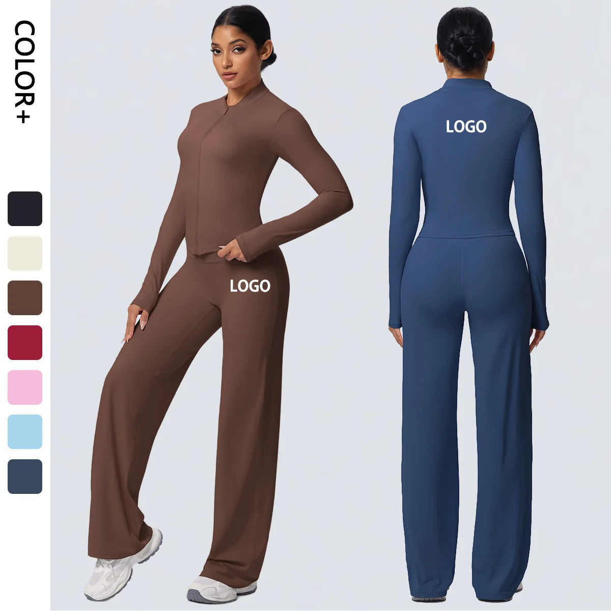 Custom Logo Premium High Stretch Long Sleeve Yoga Set Women Solid Color 2 Piece Gym Workout Activewear Sets