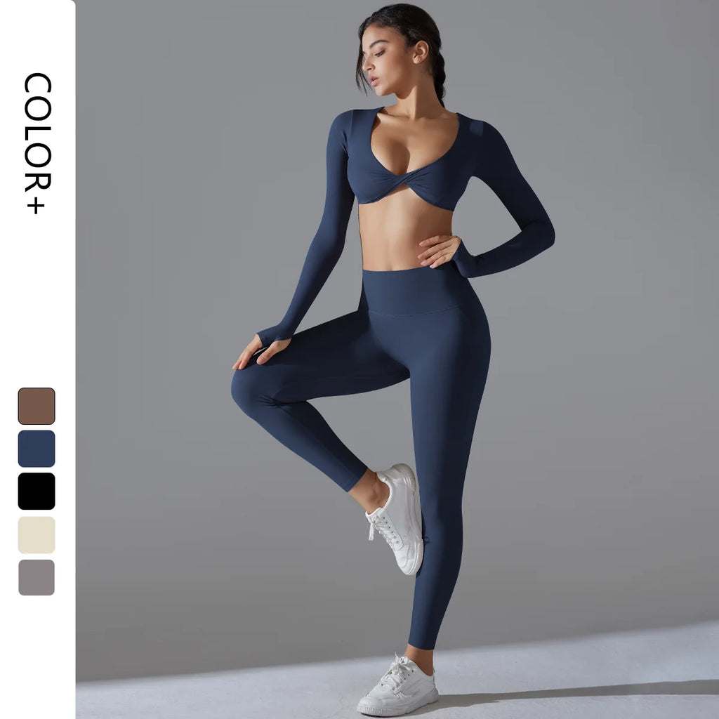 Women Long Sleeves Workout Outfit Sports Wear Push up Yoga Suits Scrunch Leggings Yoga Set Gym Fitness Set Run Clothes Tracksuit