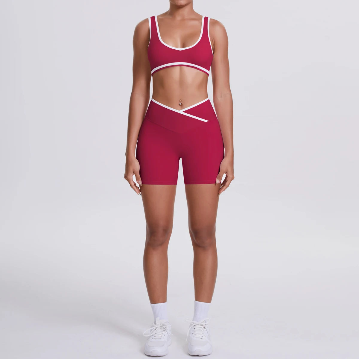 High Quality Cross High Waist Shorts Sports Yoga Bra Set Contrasting Sports Bra Tight Yoga Pants Two Piece Set for Ladies