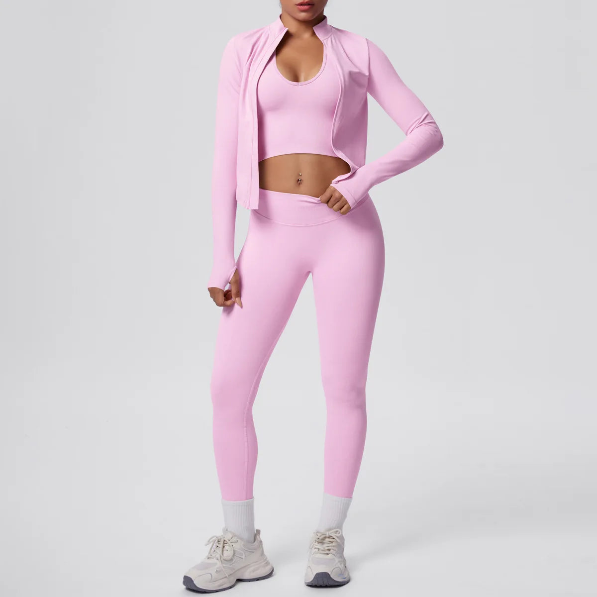 2026 Women's Seamless 3 Piece Yoga Set Breathable Quick Dry Tight Fit High Waist Full Zip up Workout Yoga Wear Gym Fitness Sets