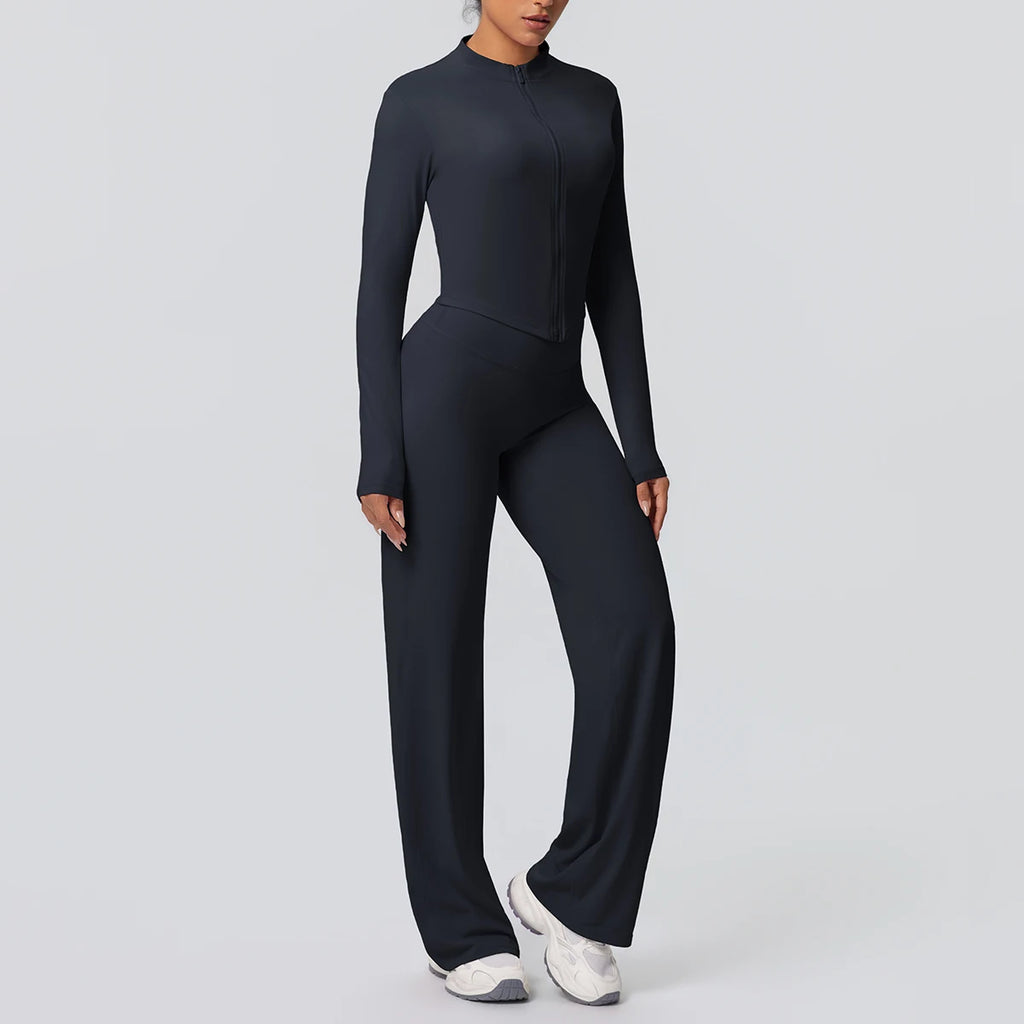 Custom Logo Premium High Stretch Long Sleeve Yoga Set Women Solid Color 2 Piece Gym Workout Activewear Sets
