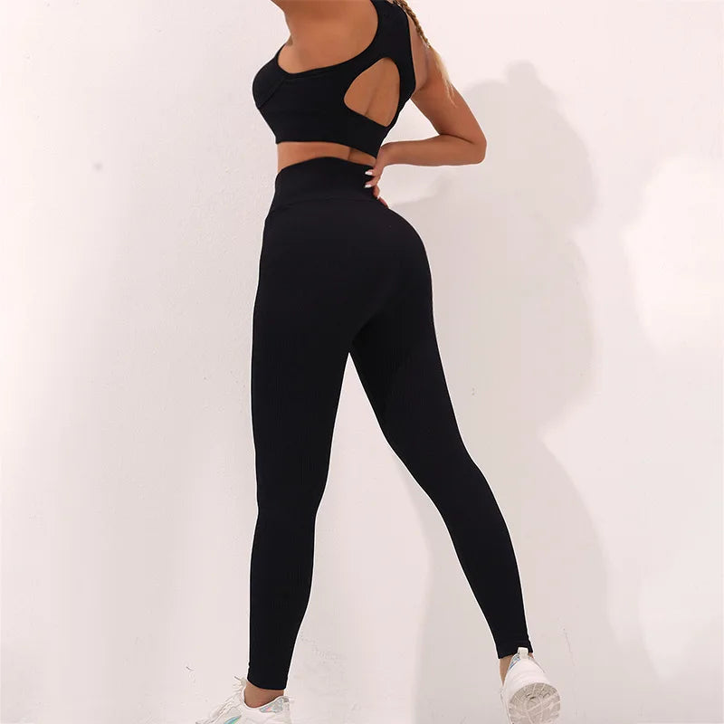 2024 New Design Ribbed Yoga Set Gym Fitness Bra Leggings Set Custom Logo Active Wear