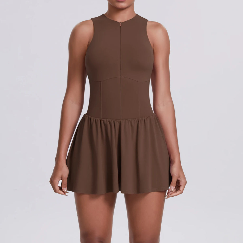 Women's High Quality Sleeveless Tennis Dress with Zippered Skirt Outdoor Running and Sliding Straps