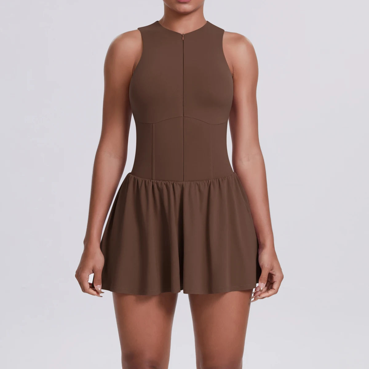Women's High Quality Sleeveless Tennis Dress with Zippered Skirt Outdoor Running and Sliding Straps