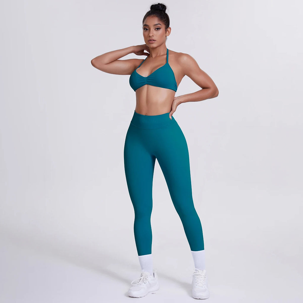 Women's Custom Front Logo Sports Bra Workout Leggings Set High Elastic Gym Fitness Seamless Breathable Eco-Friendly Lightweight