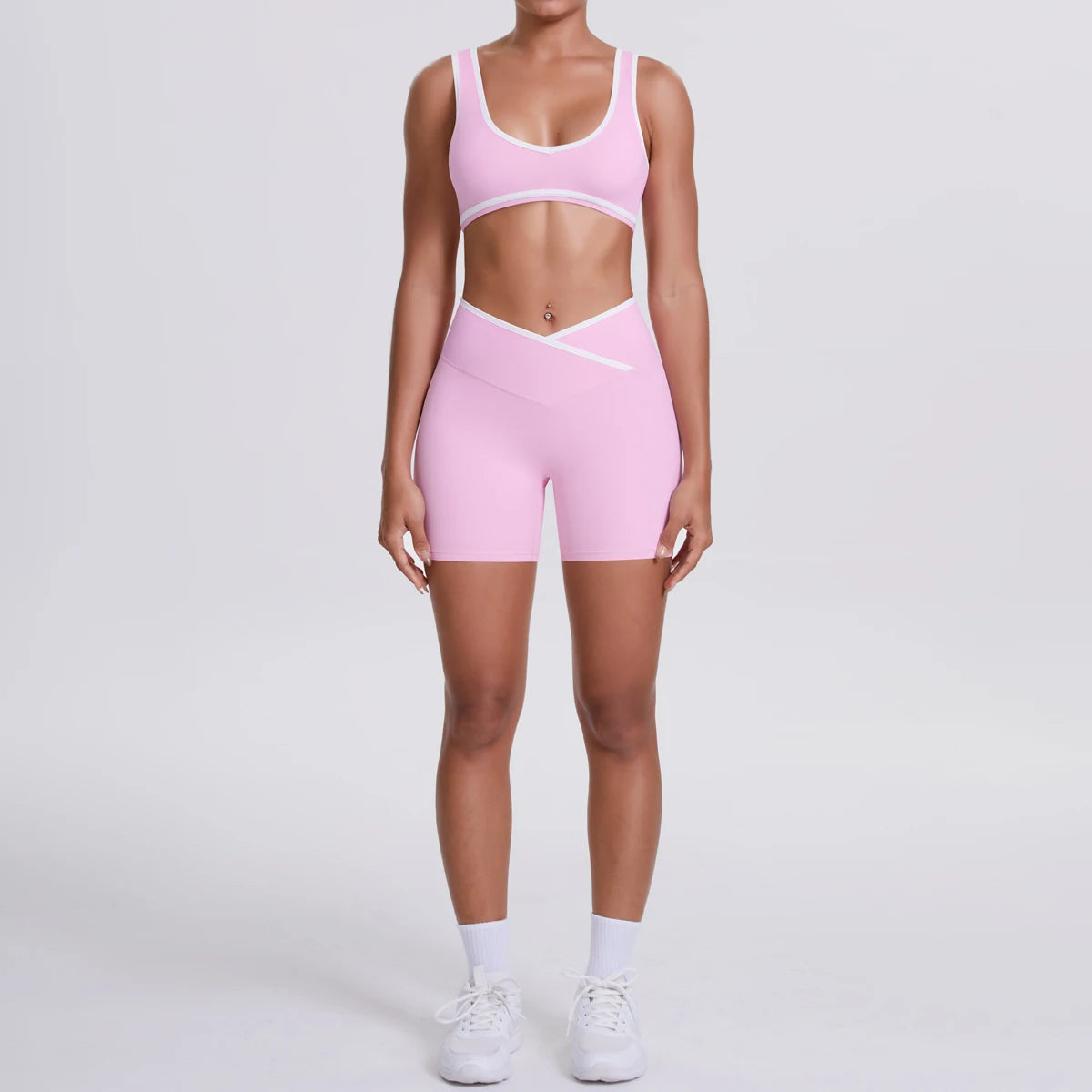 High Quality Cross High Waist Shorts Sports Yoga Bra Set Contrasting Sports Bra Tight Yoga Pants Two Piece Set for Ladies