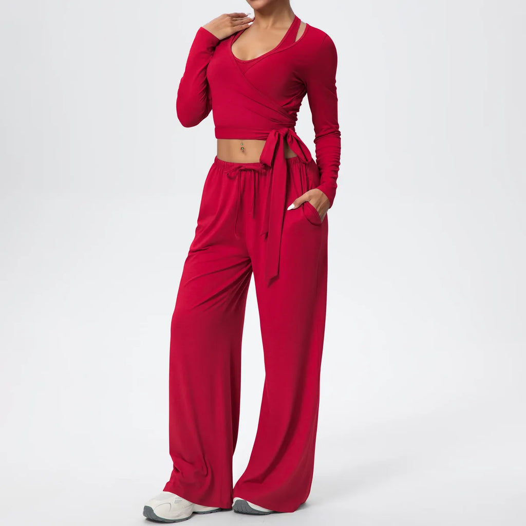 Women Yoga 3 Piece Set Halter Crop Top Wide Leg Pants Long Sleeve Top Activewear Workout Outfits Lounge Sports Gym Clothing