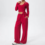 Women Yoga 3 Piece Set Halter Crop Top Wide Leg Pants Long Sleeve Top Activewear Workout Outfits Lounge Sports Gym Clothing