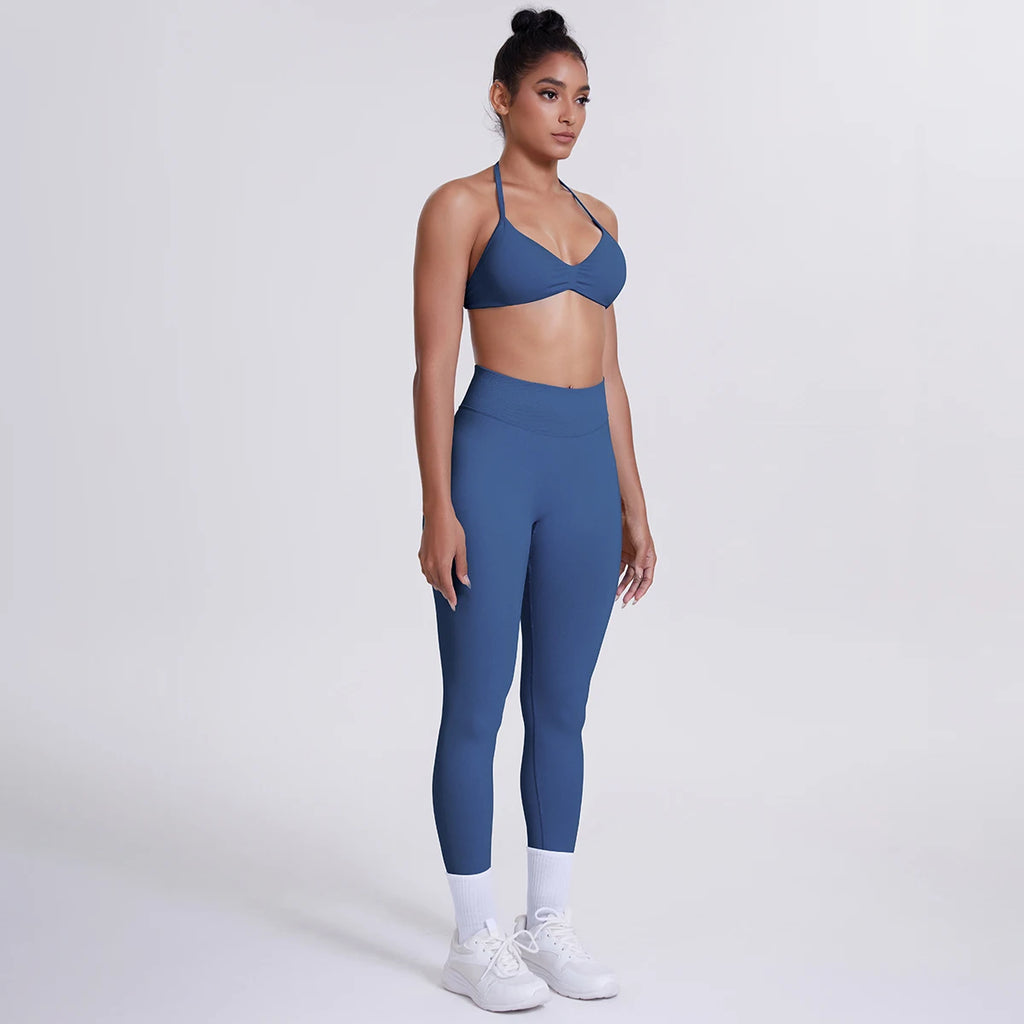 Women's Custom Front Logo Sports Bra Workout Leggings Set High Elastic Gym Fitness Seamless Breathable Eco-Friendly Lightweight