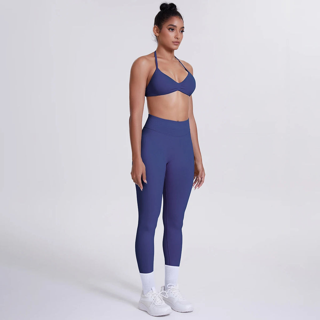 Women's Custom Front Logo Sports Bra Workout Leggings Set High Elastic Gym Fitness Seamless Breathable Eco-Friendly Lightweight