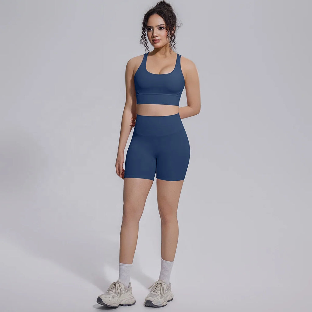 Seamless Yoga Set 2 Piece Women High Waist Leggings Shorts Sports Bra Fitness  Running Sportswear Workout Clothes