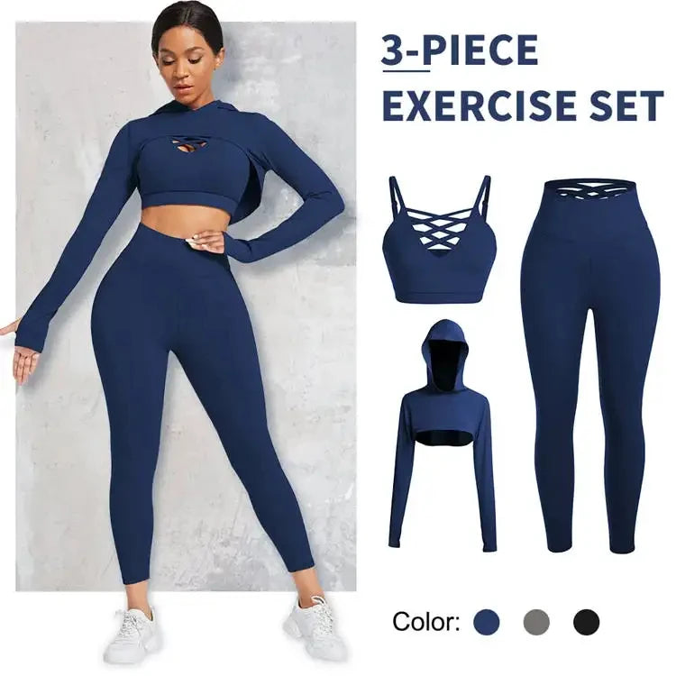 Custom Logo Women 3 Pieces Gym Training Set Power Flex Polyester Workout Suit Yoga Fitness Sport Active Wear