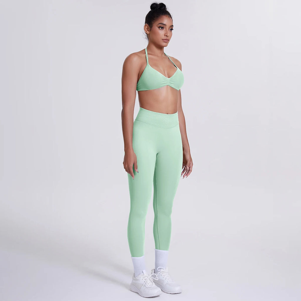 Women's Custom Front Logo Sports Bra Workout Leggings Set High Elastic Gym Fitness Seamless Breathable Eco-Friendly Lightweight