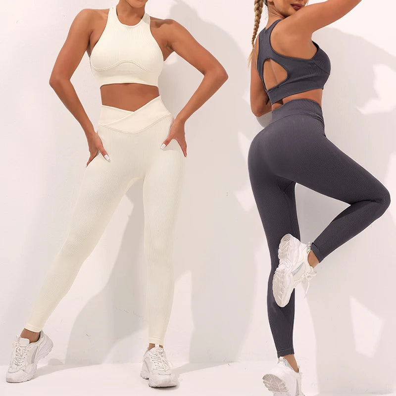 2024 New Design Ribbed Yoga Set Gym Fitness Bra Leggings Set Custom Logo Active Wear Imagen principal del producto