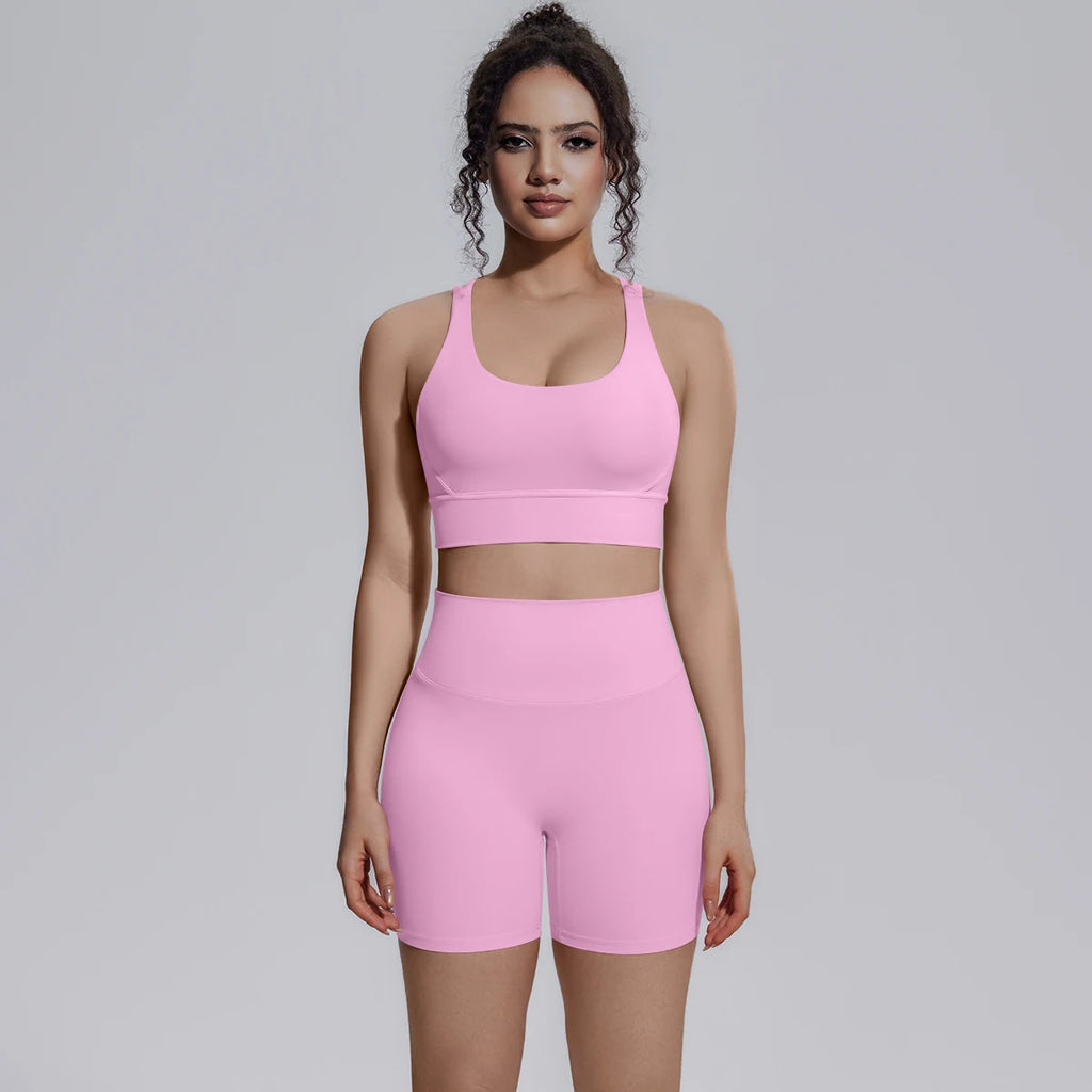 Seamless Yoga Set 2 Piece Women High Waist Leggings Shorts Sports Bra Fitness  Running Sportswear Workout Clothes