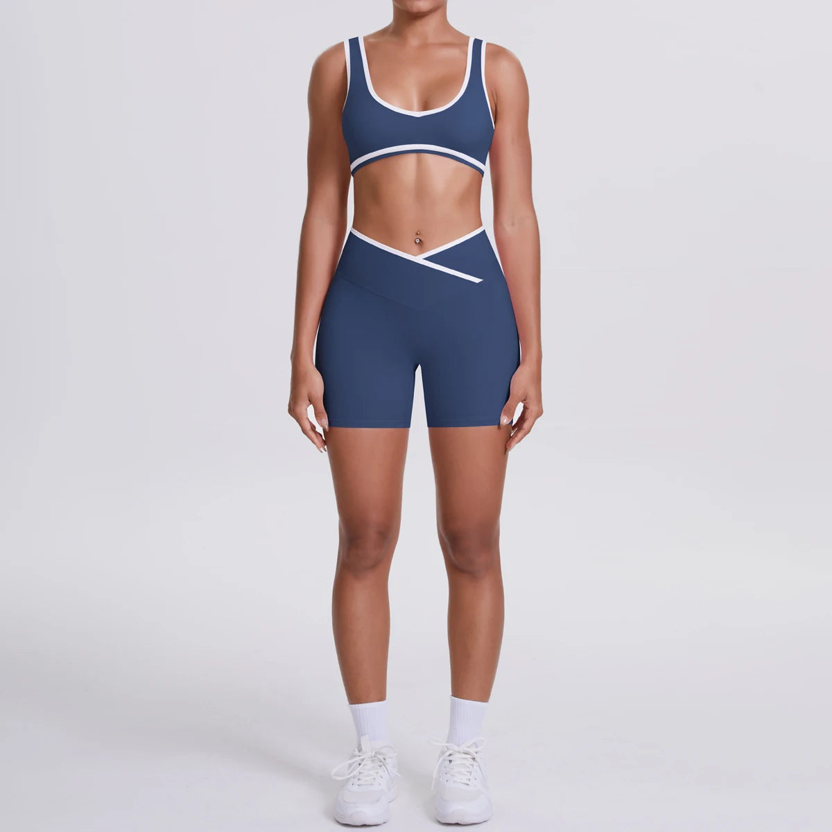 High Quality Cross High Waist Shorts Sports Yoga Bra Set Contrasting Sports Bra Tight Yoga Pants Two Piece Set for Ladies