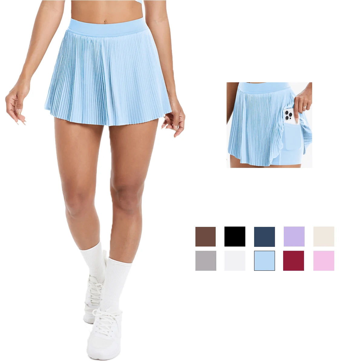 High Quality Casual Pleated Sports Skirt with Quick Drying Side Pockets Anti-Slip Fitness Skirt for Tennis Gym Wear Front Logo Imagen principal del producto