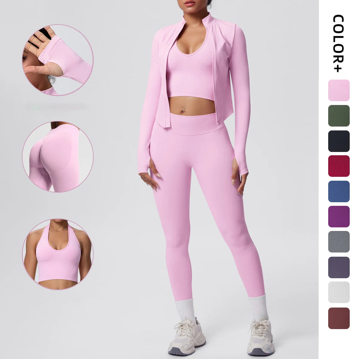2026 Women's Seamless 3 Piece Yoga Set Breathable Quick Dry Tight Fit High Waist Full Zip up Workout Yoga Wear Gym Fitness Sets Imagen principal del producto