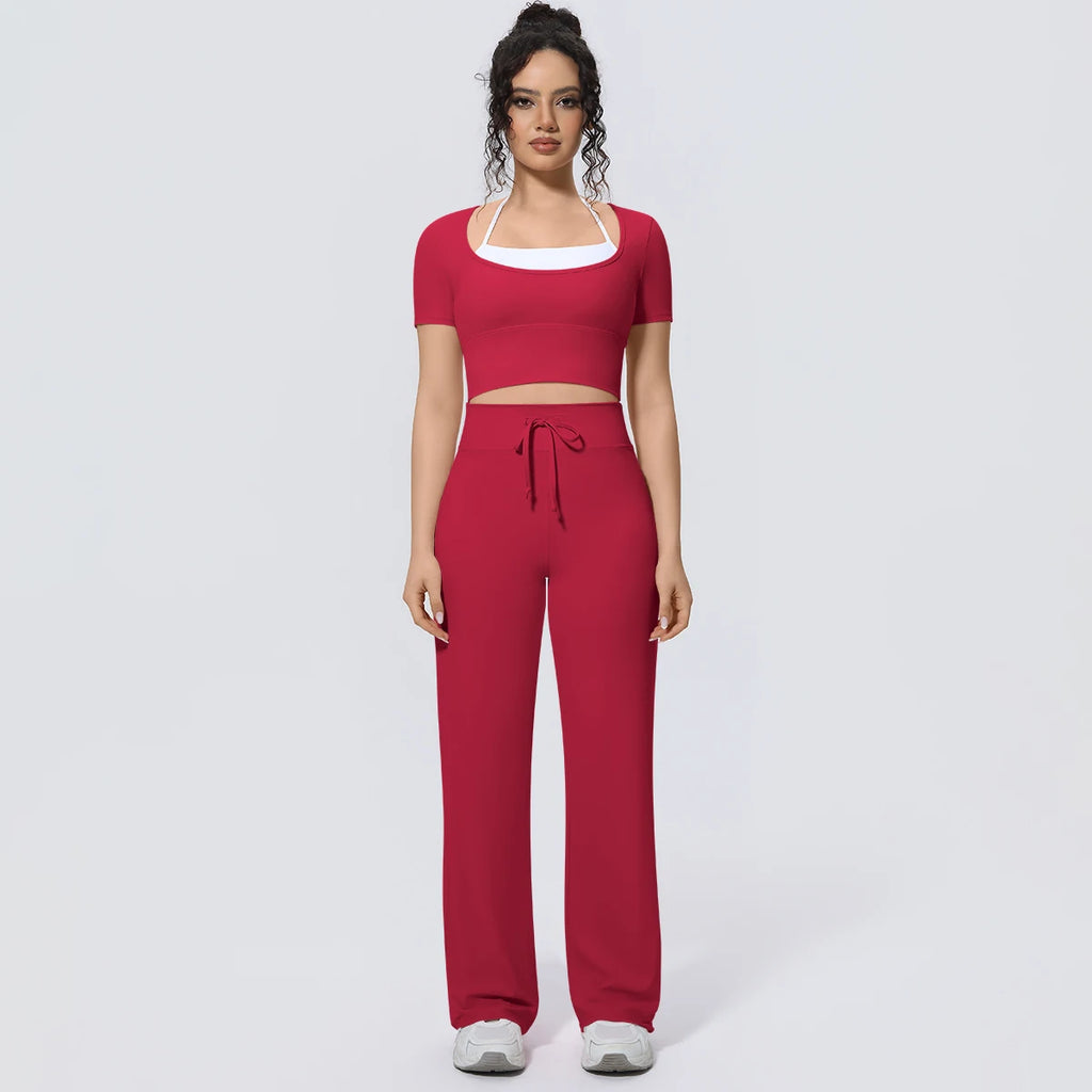 Wholesale Halter Neck Yoga Set Women Short Sleeve Sports Top Padded Naked Feeling Wide Leg Pants Fitness Set