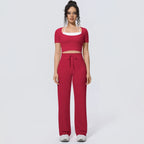 Wholesale Halter Neck Yoga Set Women Short Sleeve Sports Top Padded Naked Feeling Wide Leg Pants Fitness Set