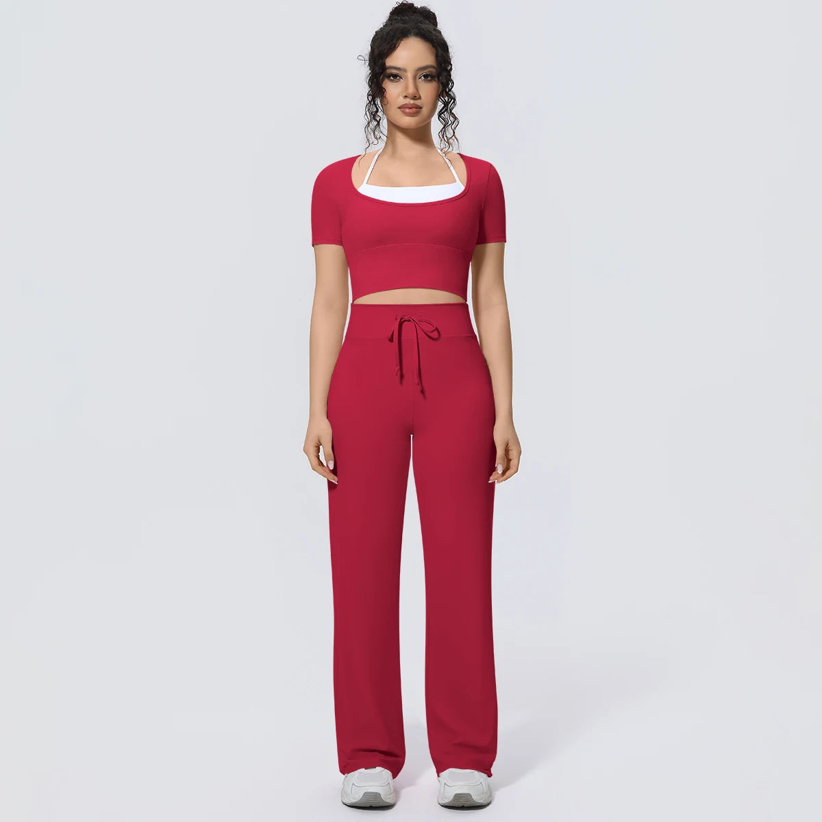 Wholesale Halter Neck Yoga Set Women Short Sleeve Sports Top Padded Naked Feeling Wide Leg Pants Fitness Set