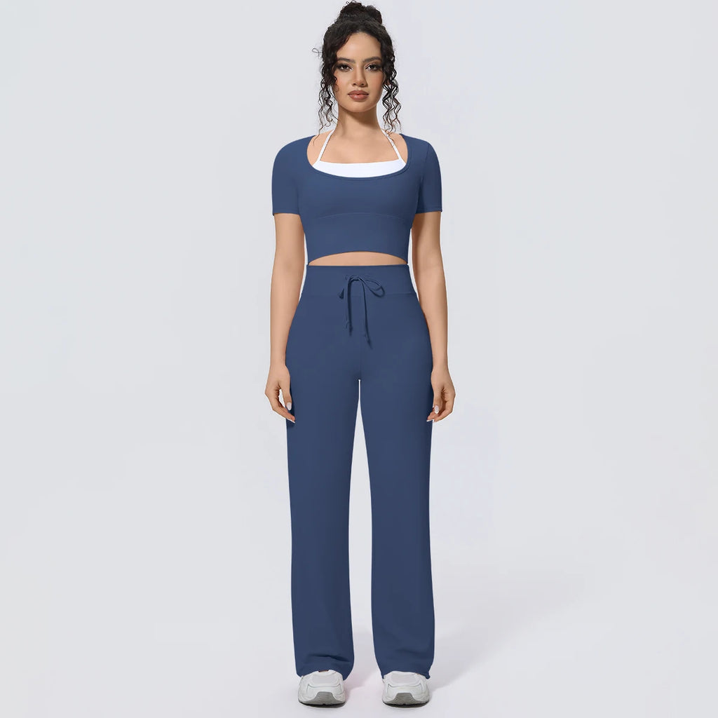 Wholesale Halter Neck Yoga Set Women Short Sleeve Sports Top Padded Naked Feeling Wide Leg Pants Fitness Set