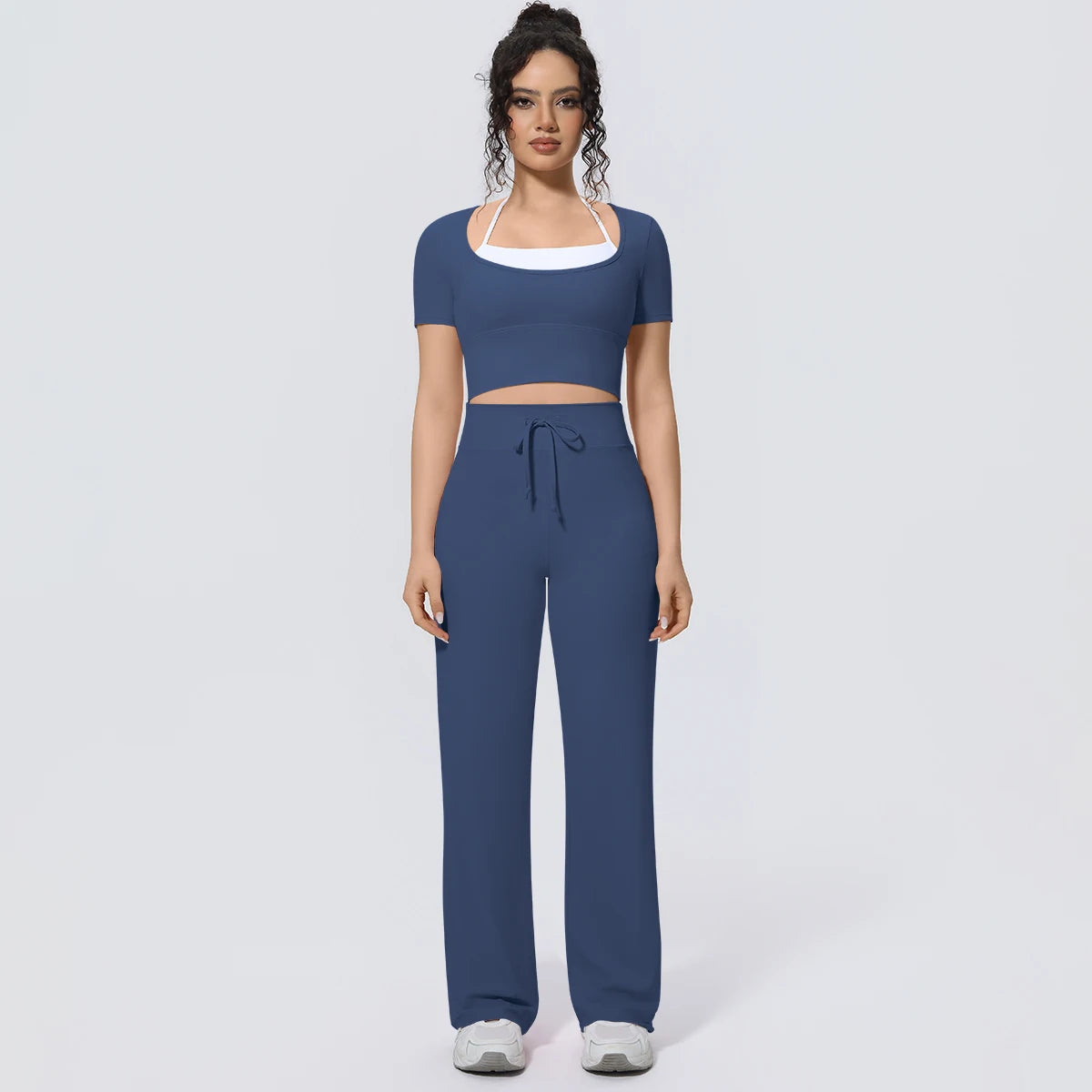 Wholesale Halter Neck Yoga Set Women Short Sleeve Sports Top Padded Naked Feeling Wide Leg Pants Fitness Set
