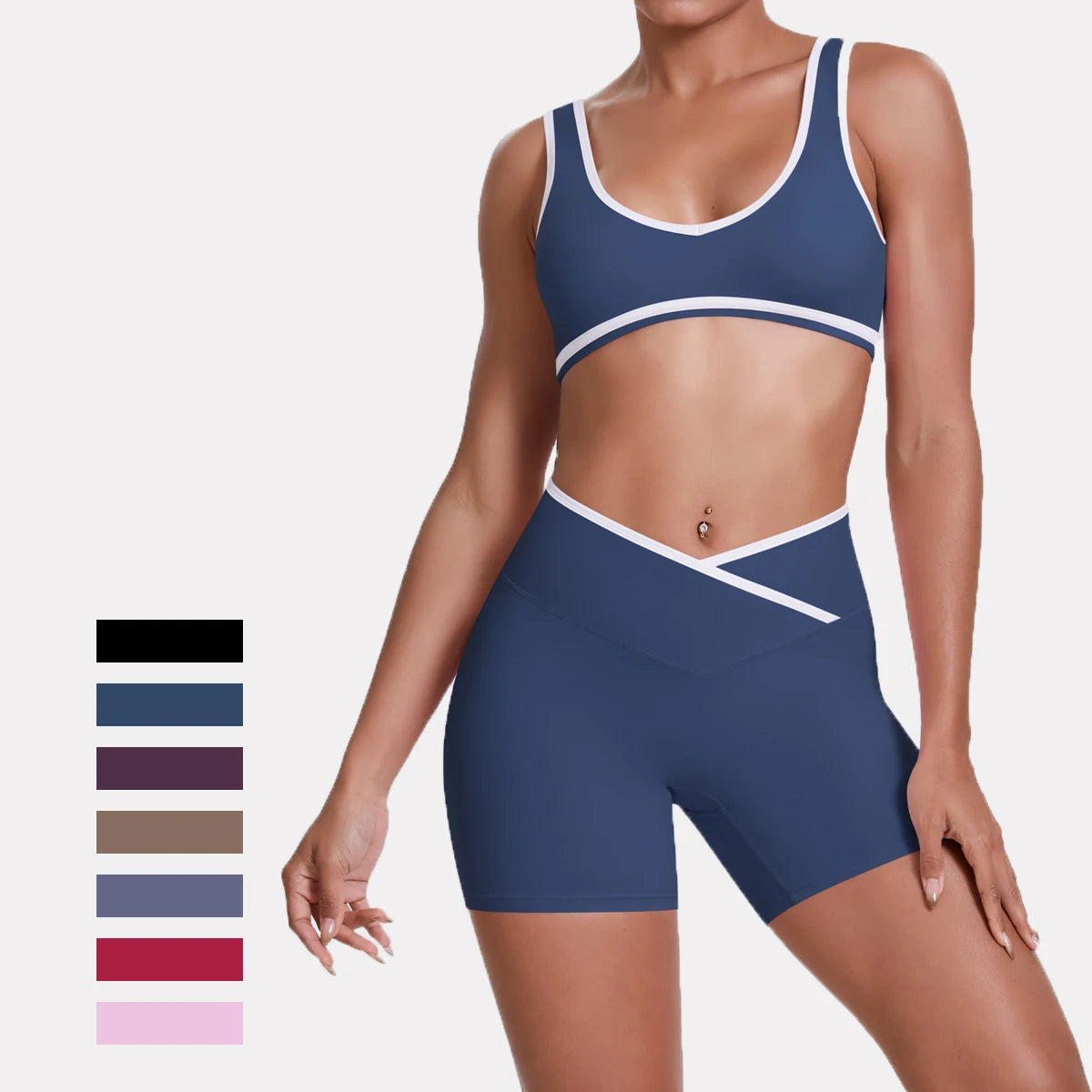 High Quality Cross High Waist Shorts Sports Yoga Bra Set Contrasting Sports Bra Tight Yoga Pants Two Piece Set for Ladies Imagen principal del producto